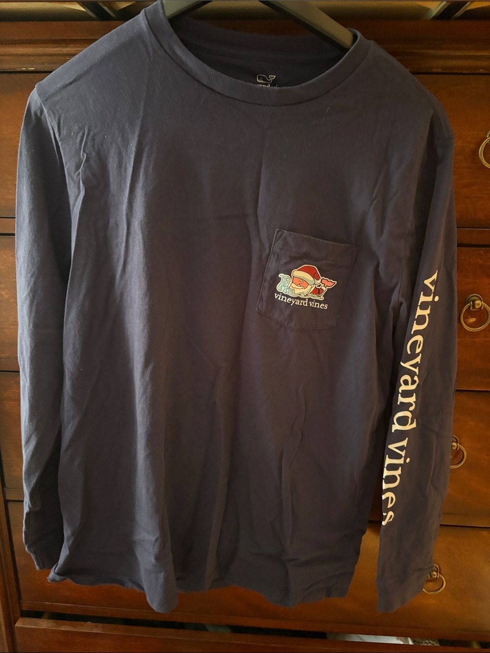 Vineyard Vines Navy Long-Sleeve Christmas Pocket Tee with Sleeve Logo